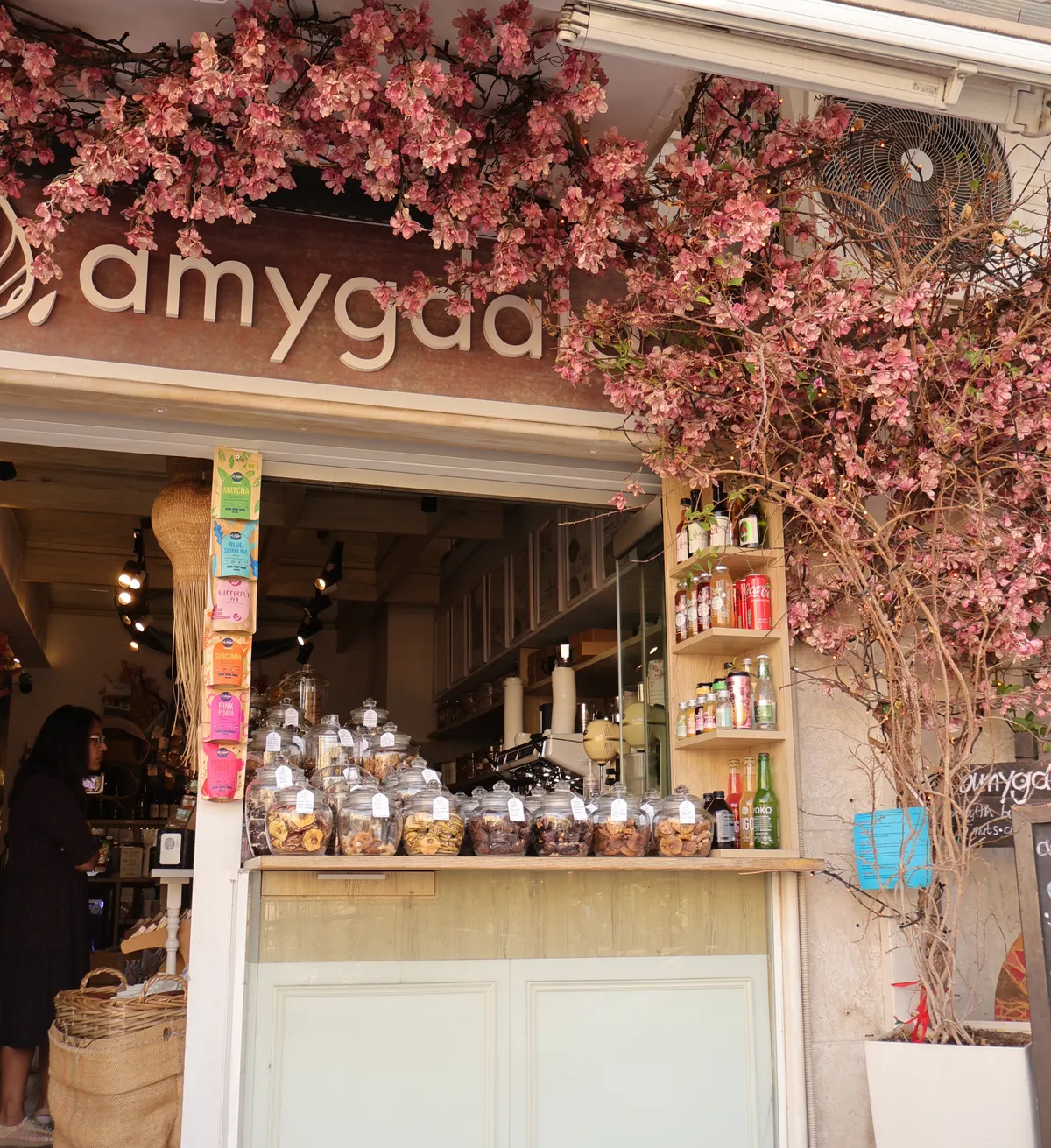 Amygdalo Cafe's flowered facade