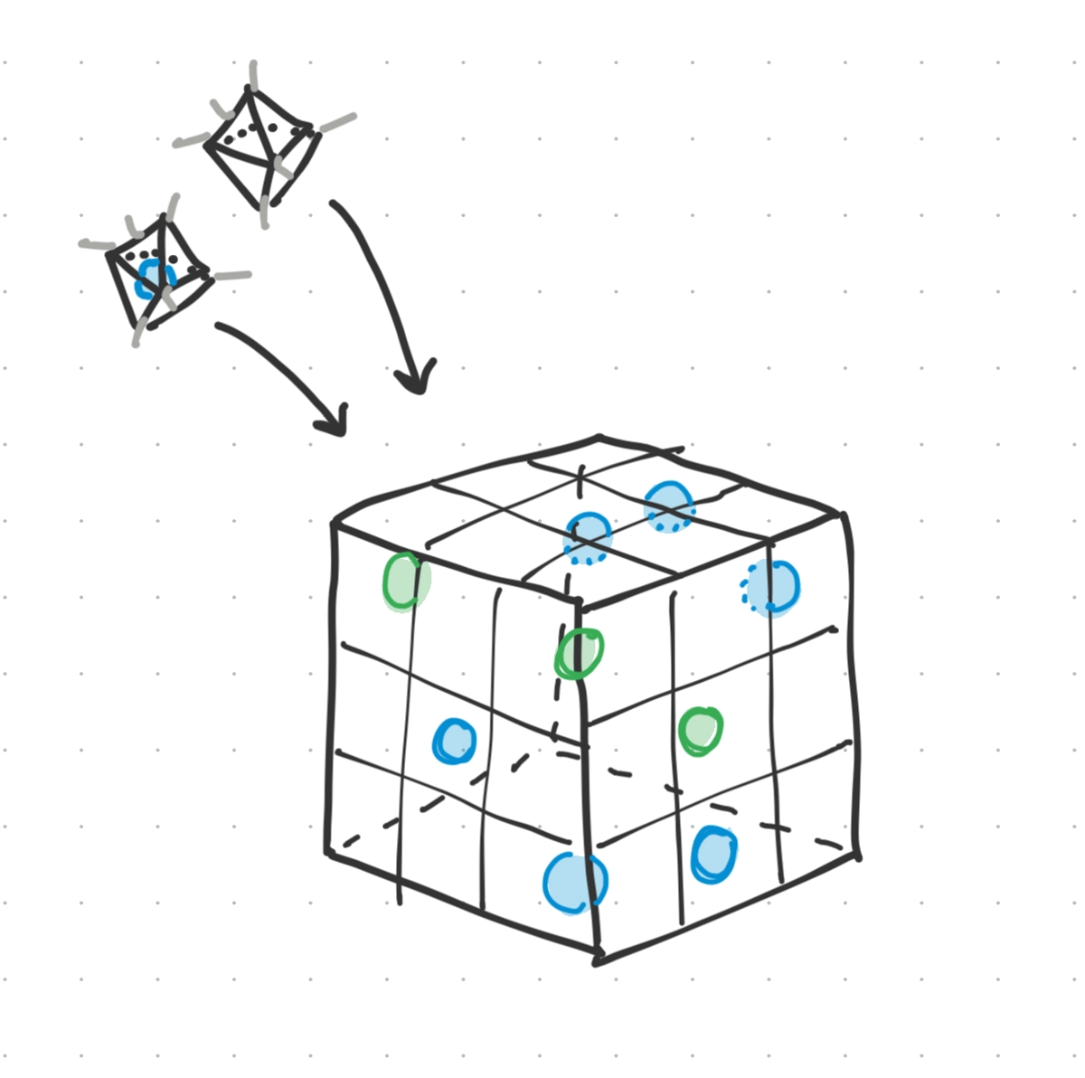 A lattice that self-assembles from a set of constituent voxels.